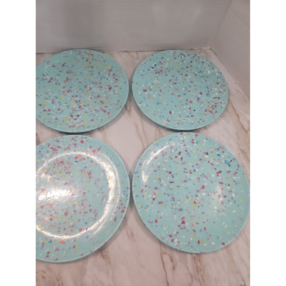Set of 4 Zak! Designs Melamine Salad Plates 9" Teal Confetti Retro Speckled